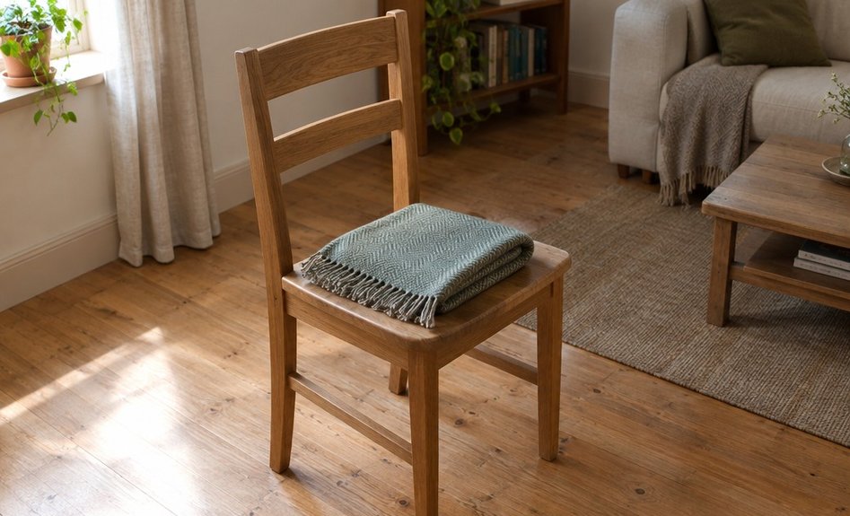 A sturdy wooden chair with a straight back set on a bare floor