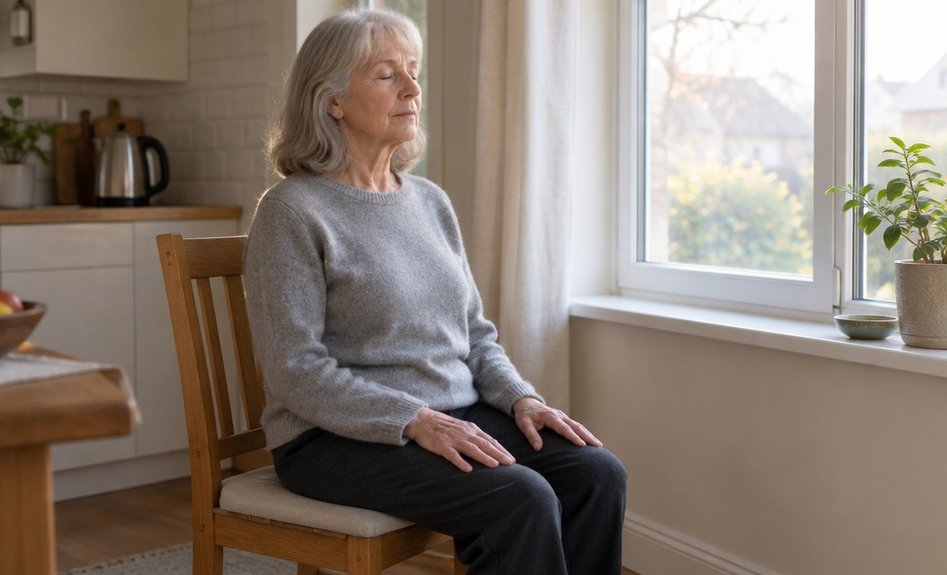 An older woman sitting tall on a kitchen chair with her hands on her thighs in morning light