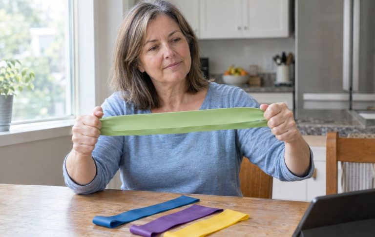 A woman in her fifties testing a light resistance band at her kitchen table