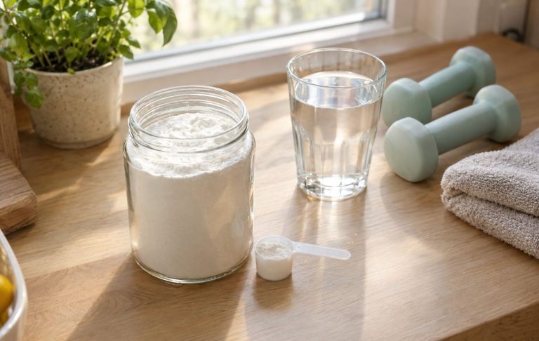 A plain jar of white powder with a scoop beside a glass of water and two light dumbbells