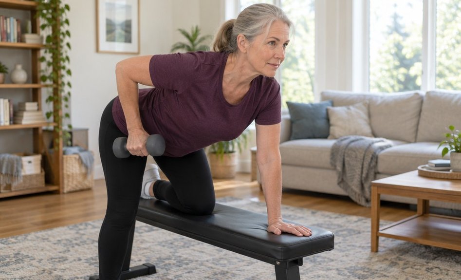 An older woman doing a dumbbell row with one hand on a bench at home