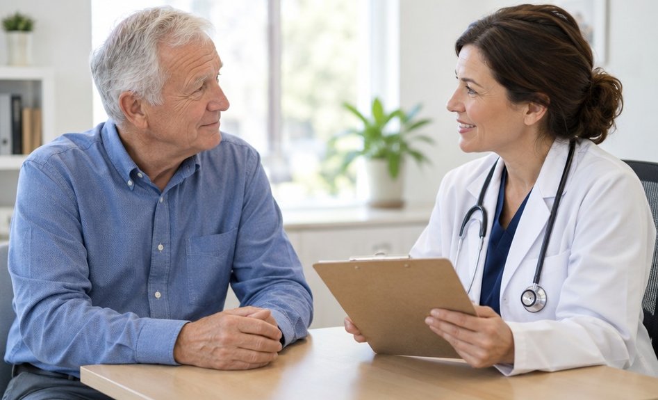 An older man talking with his doctor in a bright clinic room
