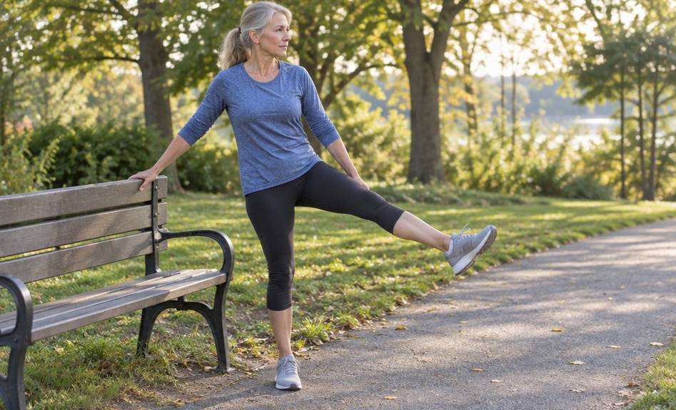 A woman in her 50s doing a dynamic leg swing warm-up on a park path.
