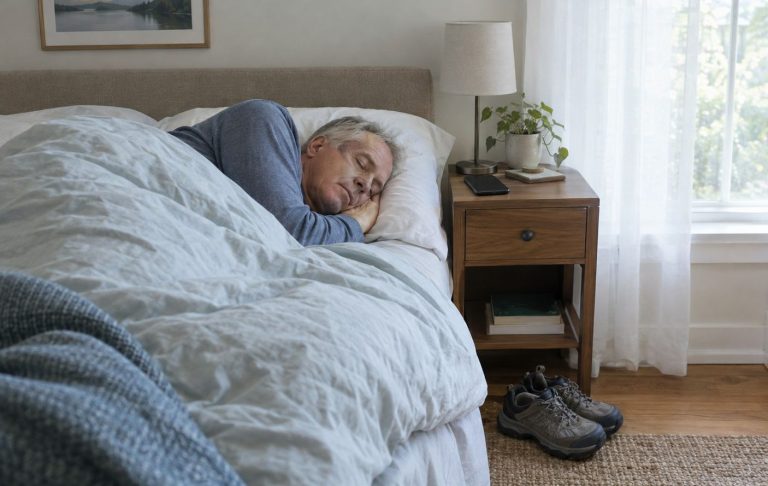 A man in his sixties sleeping peacefully in a calm bedroom in early morning light