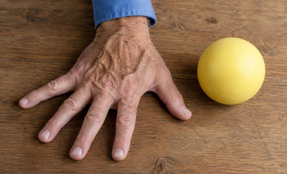 Close-up of an older man's hand spreading its fingers wide on a wooden table beside a soft exercise ball