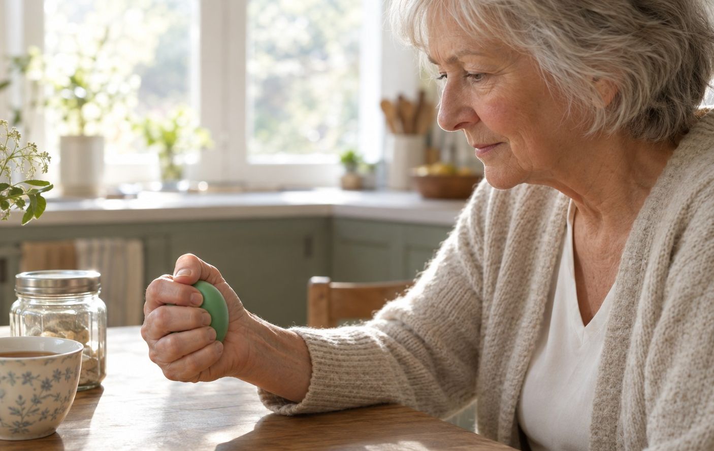 A woman in her 70s at a kitchen table squeezing a soft exercise ball in one hand, a jar beside her