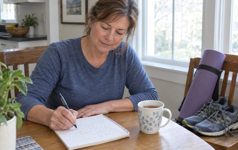 A woman in her fifties writing a weekly plan in a paper notebook at her kitchen table