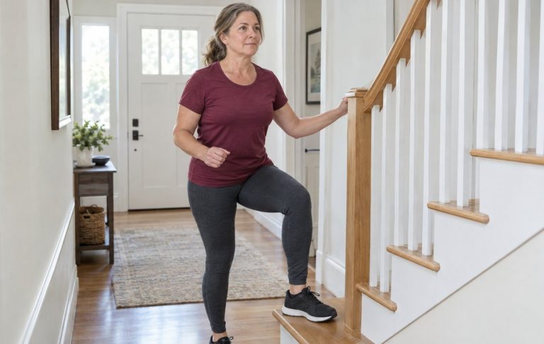A woman in her fifties doing a quick step-up exercise on her stairs