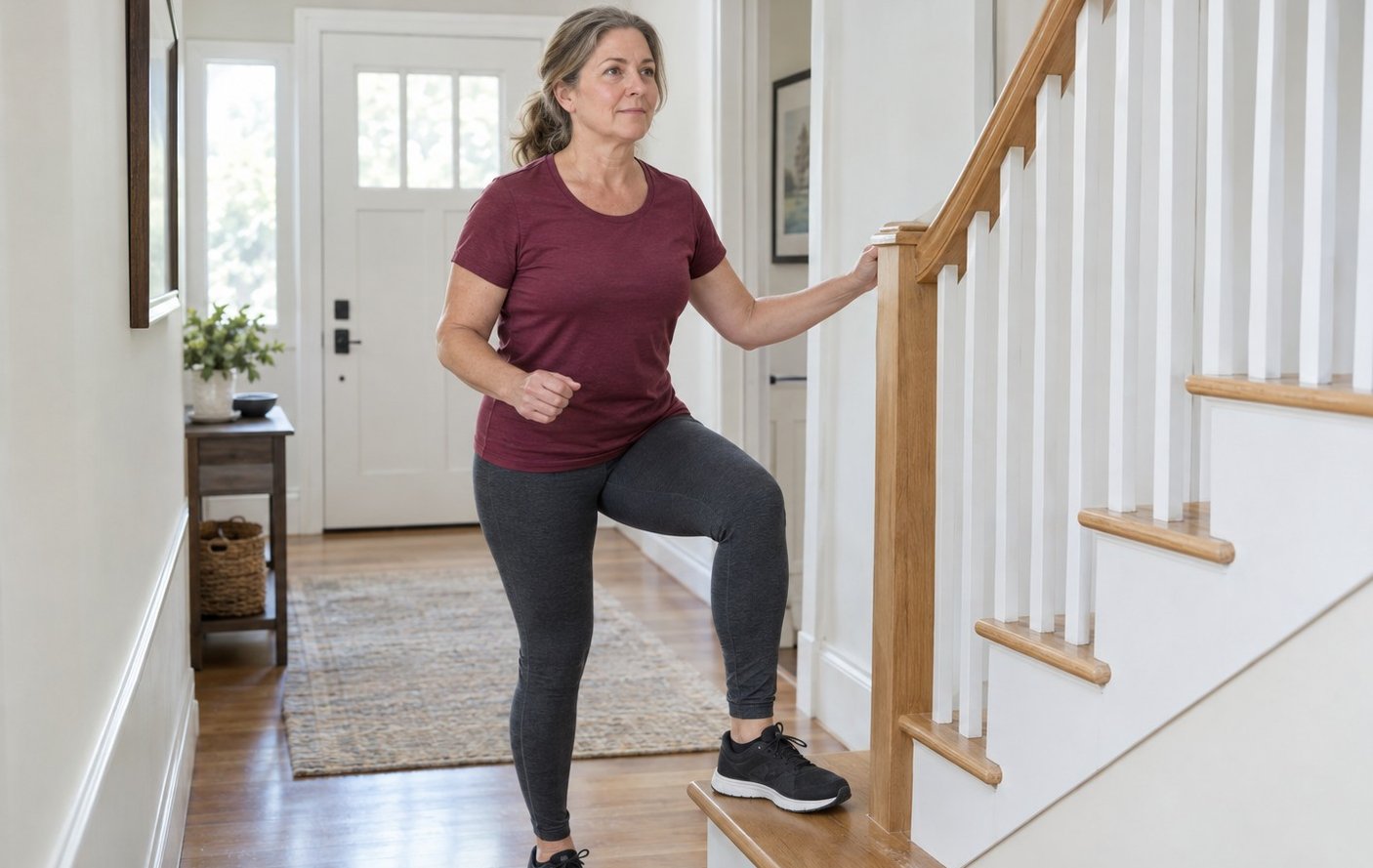 A woman in her fifties doing a quick step-up exercise on her stairs