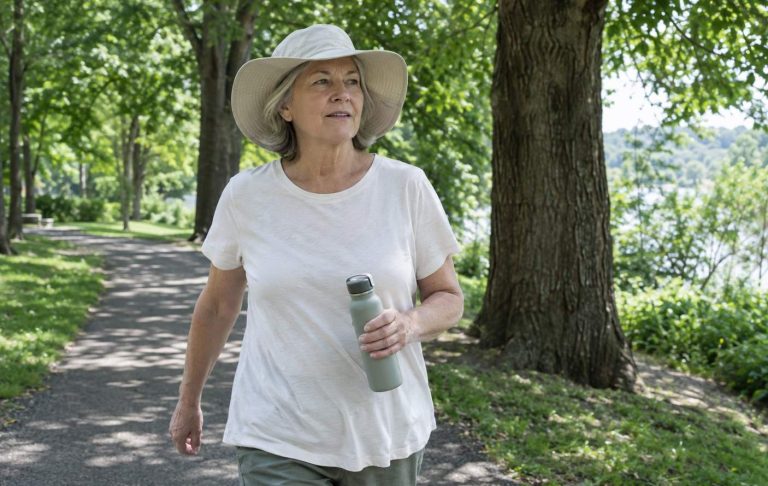 A woman in her sixties walking on a shaded path with a sun hat and water bottle