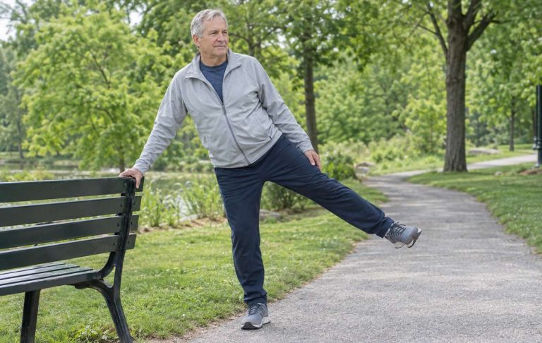 A man in his sixties warming up with gentle leg swings before a walk