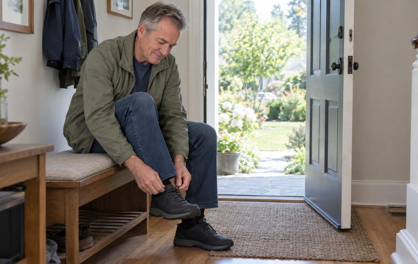 A man in his fifties lacing his walking shoes at the front door, ready to start