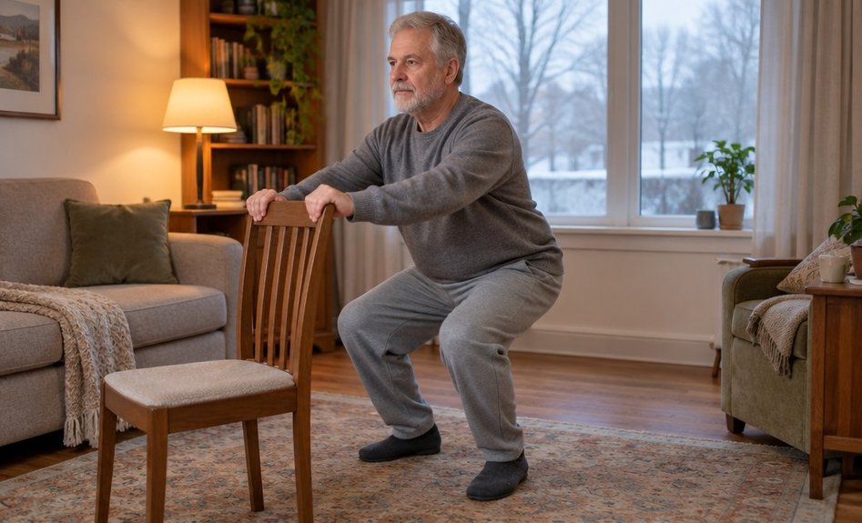 A man in his 60s doing a gentle bodyweight exercise in his living room.