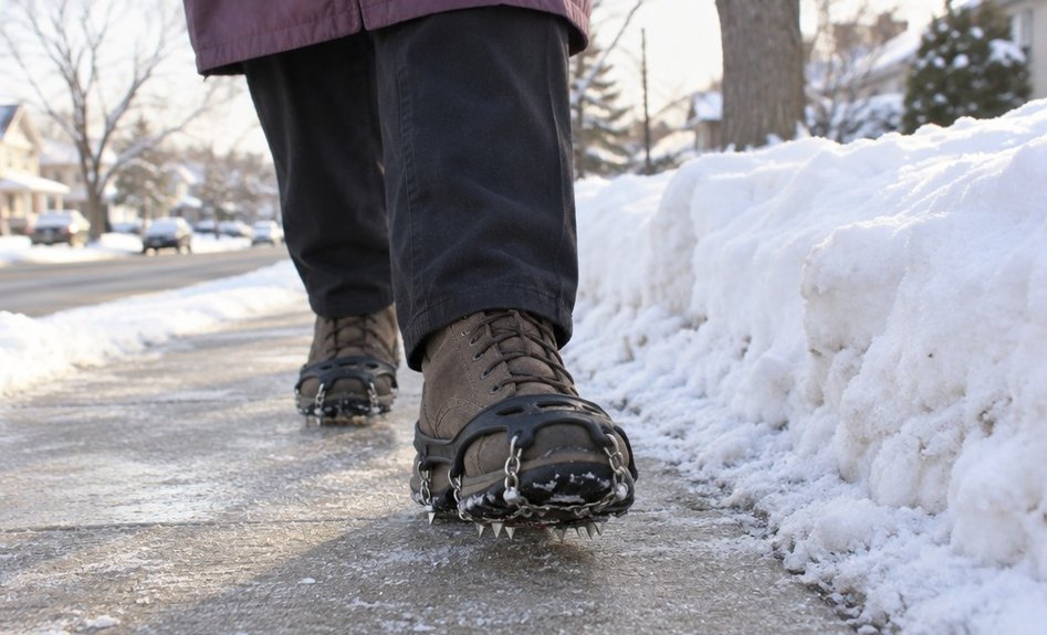 Close view of snow traction cleats fitted over shoes on a cleared neighborhood sidewalk.
