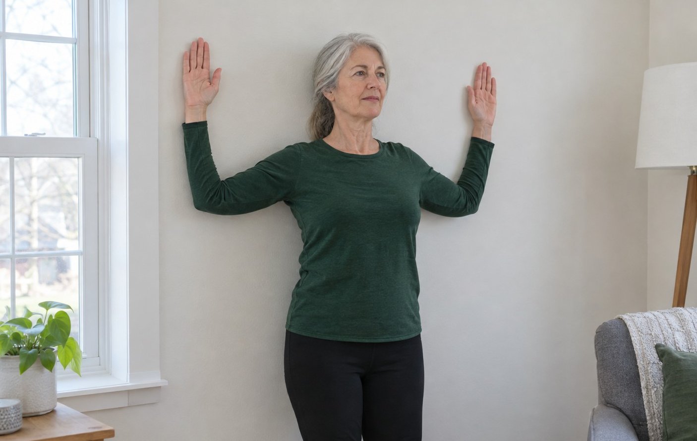 A woman in her sixties doing a wall posture exercise at home