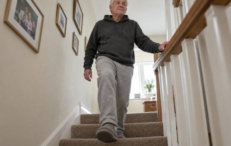 An older man walking down a carpeted staircase at home with one hand on the wooden rail