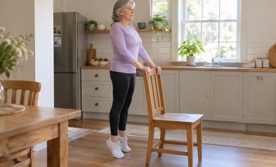 An older woman rising onto her toes behind a kitchen chair, holding its back for balance