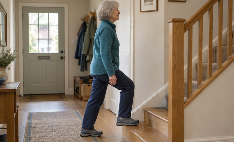 An older woman taking a long step toward the bottom stair in a hallway