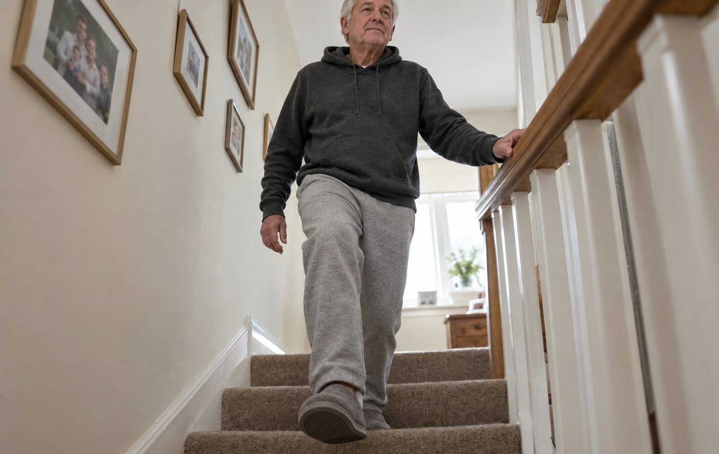 An older man walking down a carpeted staircase at home with one hand on the wooden rail