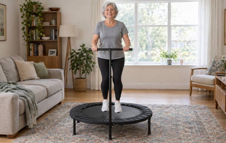 An older woman bouncing on a mini trampoline while holding its handle bar with both hands