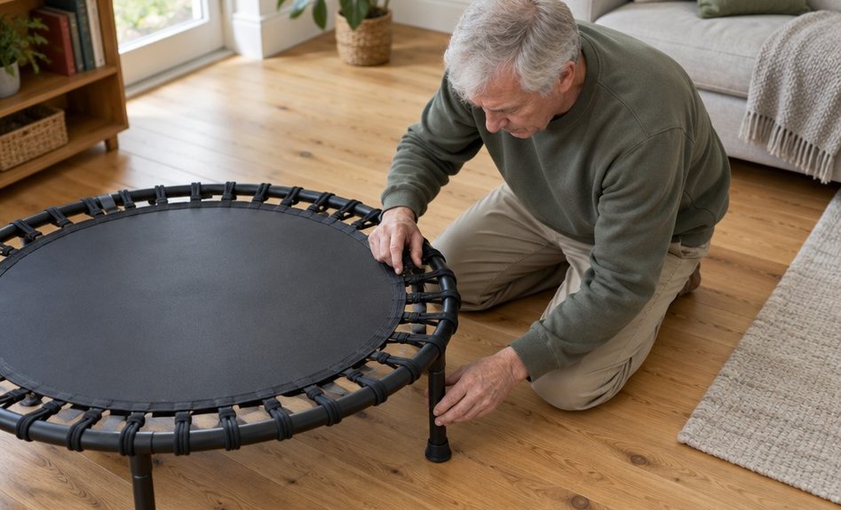 An older man checking the legs and bungee cords of a folded-out rebounder on a living room floor