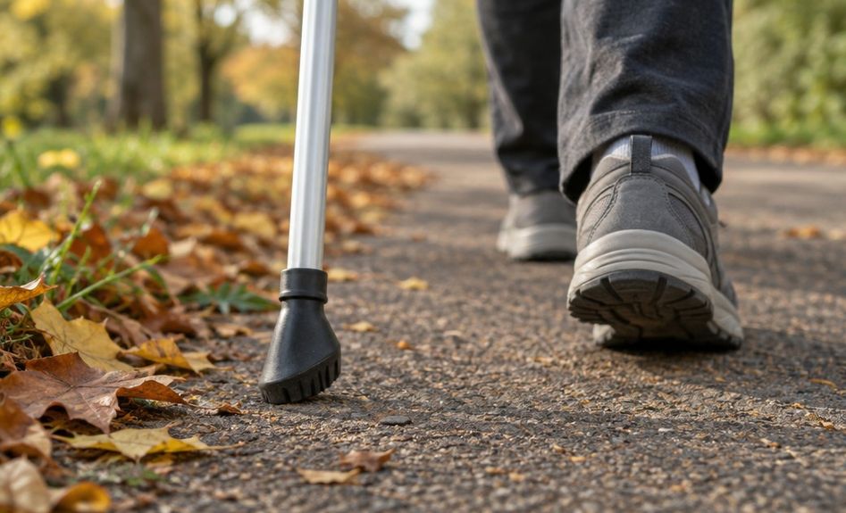 A walking pole with a rubber foot planted on a paved path beside a walking shoe