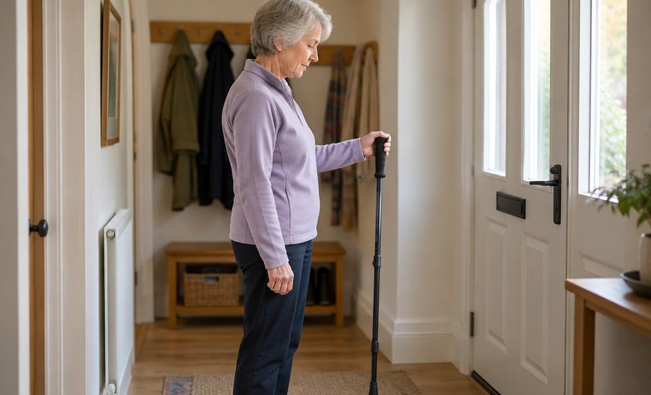 An older woman standing beside a walking pole to check its height against her elbow