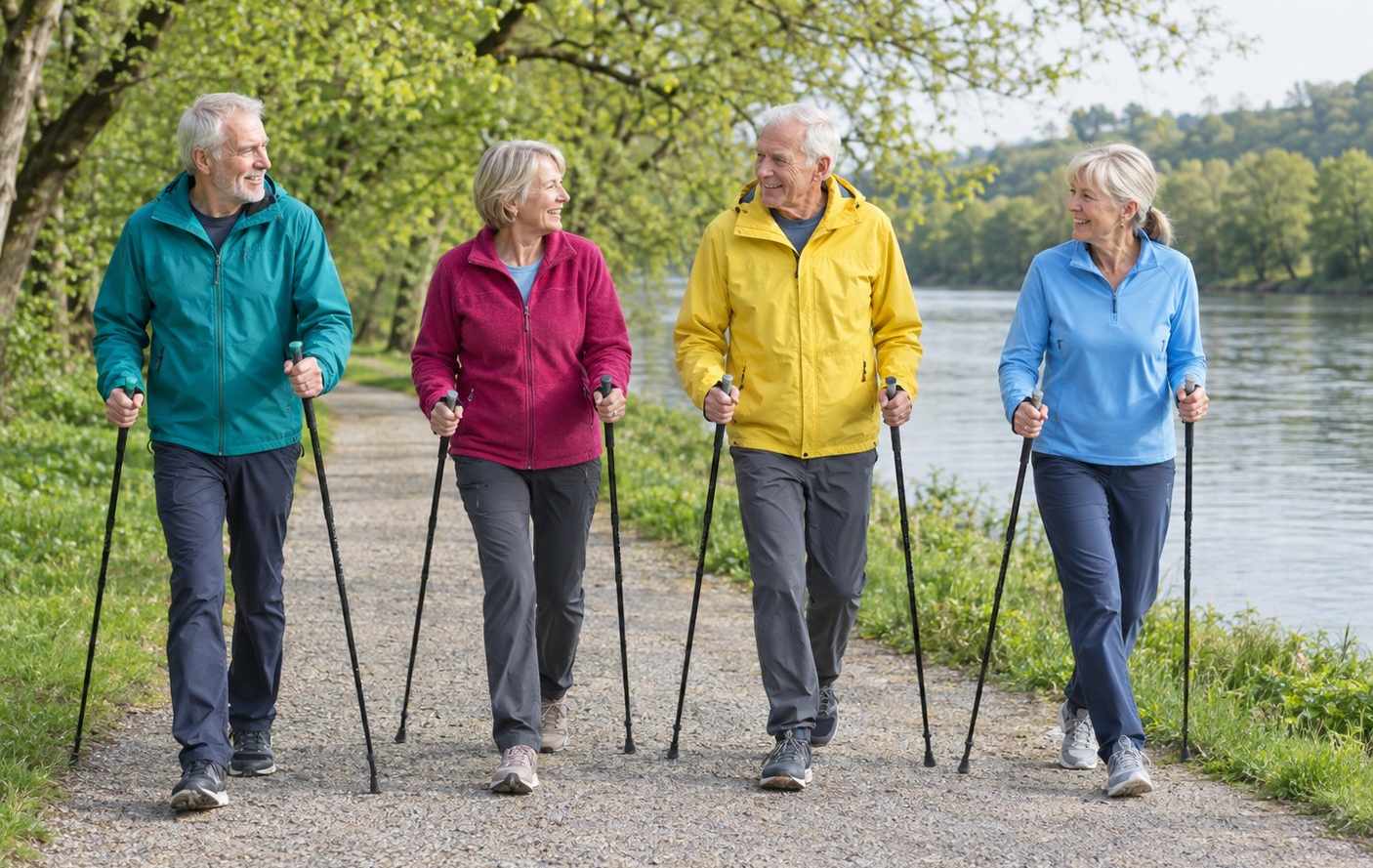 Four older adults Nordic walking with poles along a riverside path in spring