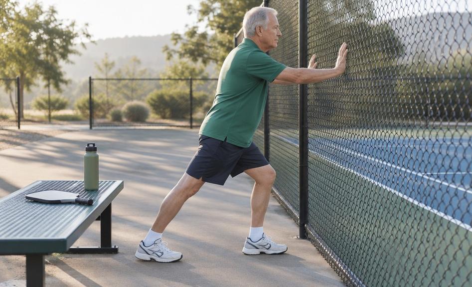 An older man stretching his calf against a court fence before a game