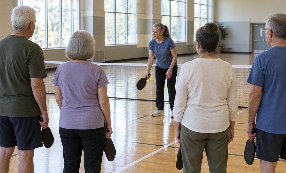 A small group of older beginners listening to an instructor on a pickleball court