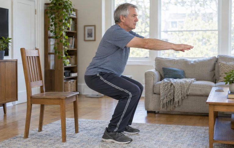 A man in his sixties doing a careful sit-to-stand squat with a chair behind him