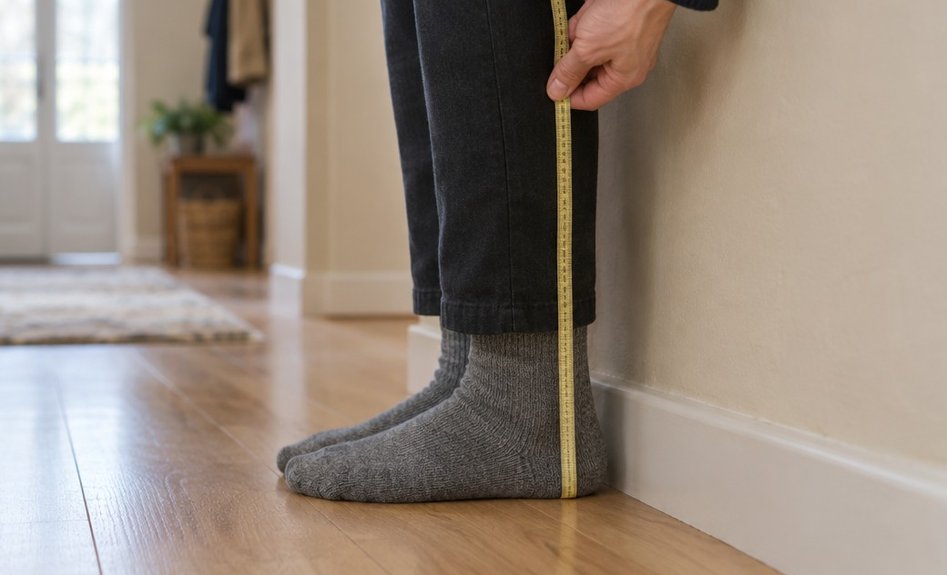 Stocking feet against a wall with a cloth tape measure running up from the floor, measuring inseam at home