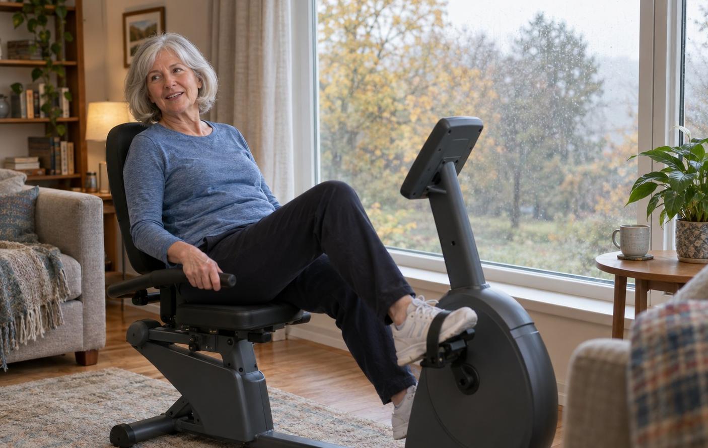 A woman in her late 60s pedaling an indoor recumbent exercise bike by a living room window, leaning back against the seat