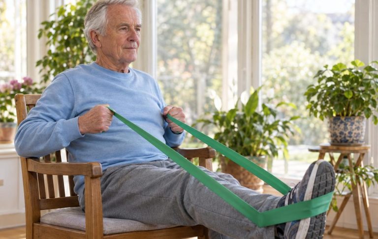 A man in his 70s seated in a wooden chair doing a seated row with a resistance band looped around his foot
