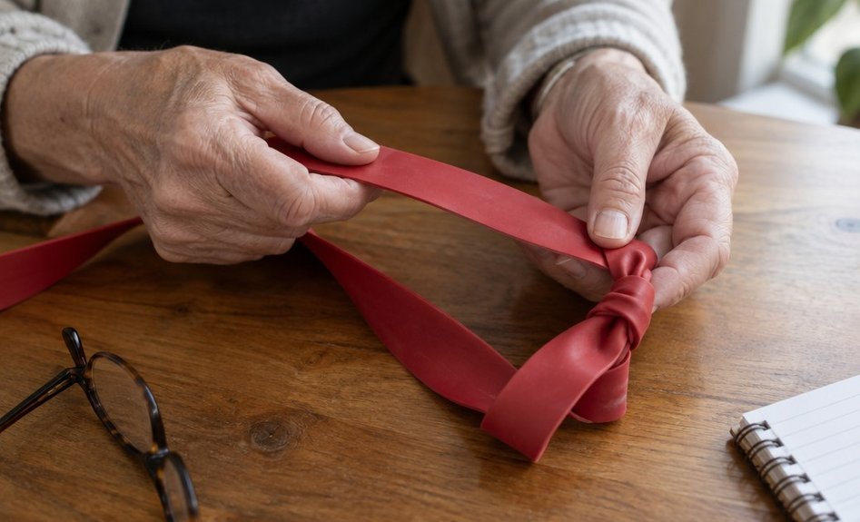Close-up of older hands running a flat resistance band through the fingers to check it for nicks