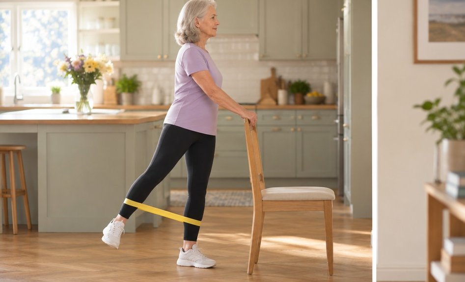 An older woman holding the back of a chair and lifting one leg to the side against a band looped around her calves