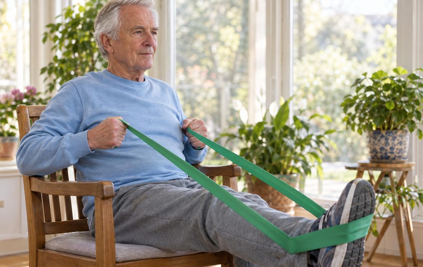 A man in his 70s seated in a wooden chair doing a seated row with a resistance band looped around his foot