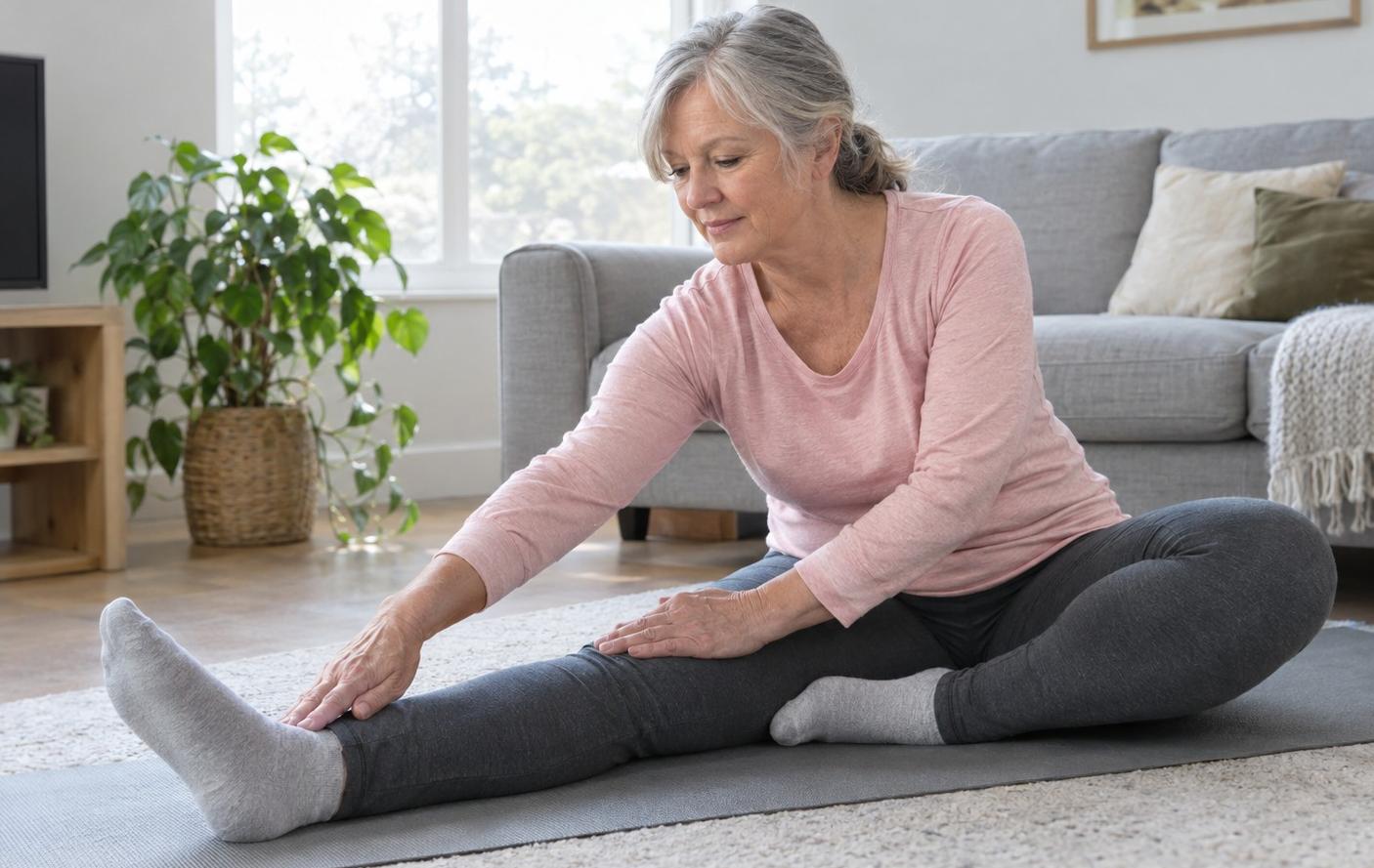 A woman in her sixties doing a gentle seated hamstring stretch on a mat