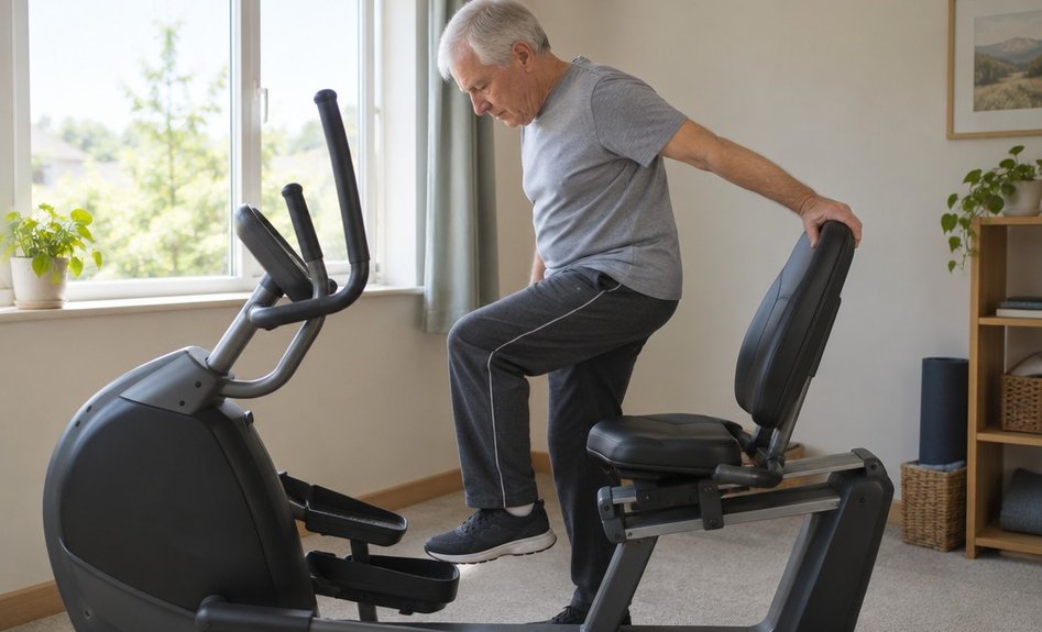 An older man stepping through the frame of a recumbent machine to sit on its seat