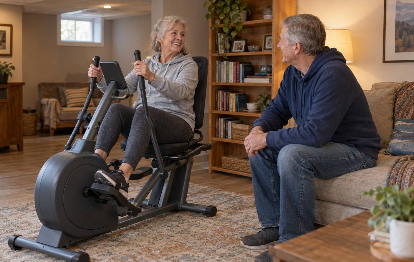 An older woman using a recumbent cross-trainer in a basement den while her husband talks with her
