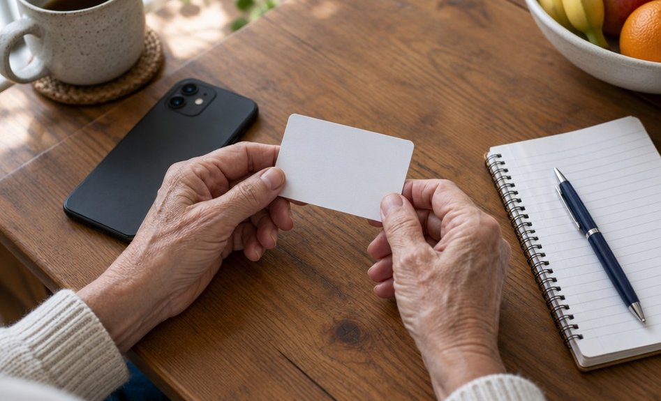 Hands holding a plain health plan card next to a phone and a notepad on a kitchen table