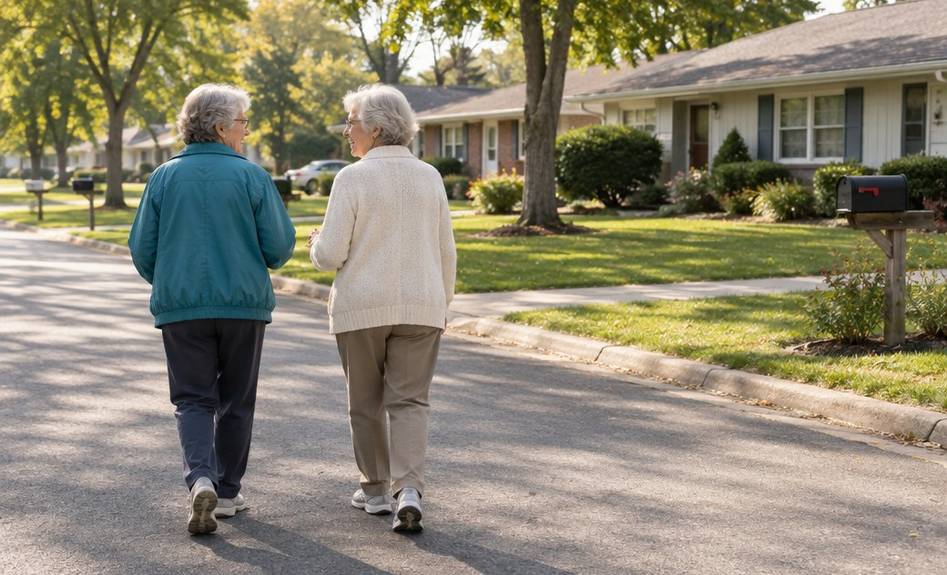 Two older neighbors walking together along a quiet residential street on a sunny afternoon