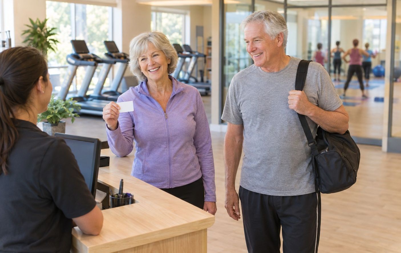 Two older friends arriving together at the front desk of a small community gym, one holding a plain membership card