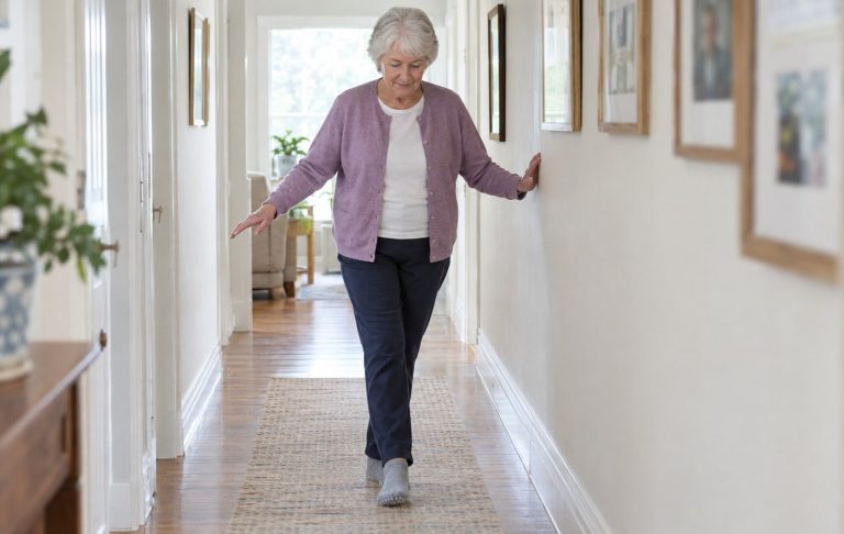 A woman in her seventies doing a heel-to-toe walk along her hallway