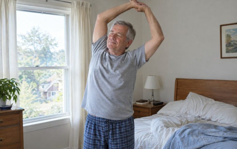 A man in his sixties stretching his arms overhead beside his bed in the morning