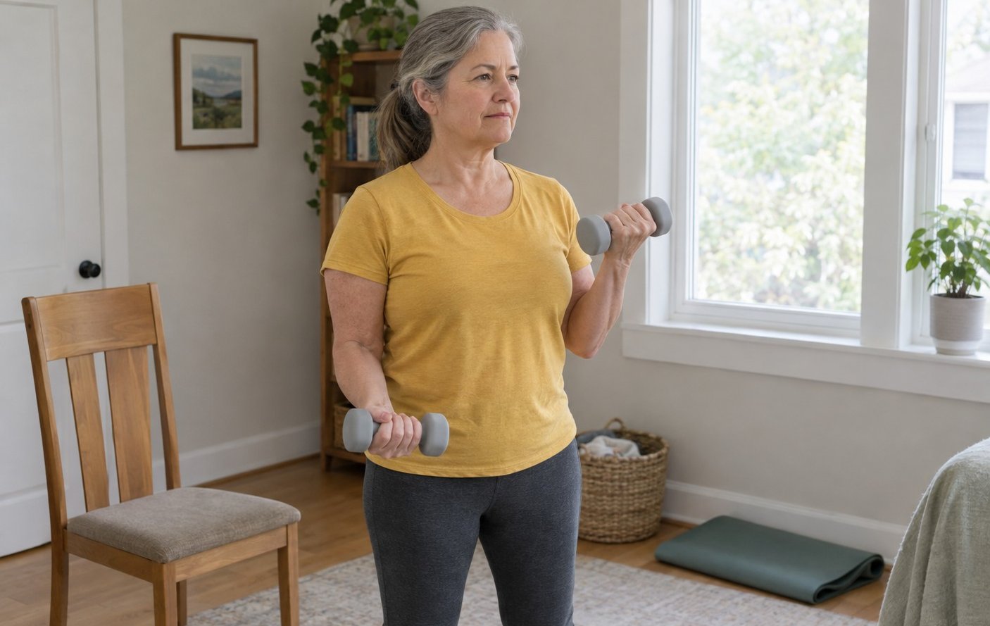A woman in her fifties lifting light dumbbells at home