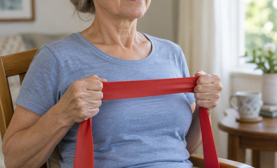 Close-up of an older woman's hands pulling a resistance band toward her chest while seated