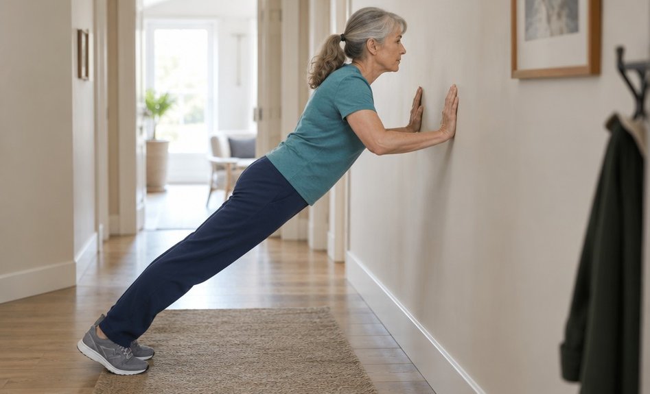 An older woman doing a push-up against a hallway wall, arms bent, body in a straight line