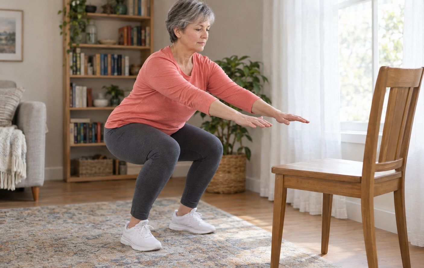 A woman in her late 50s lowering into a squat toward a sturdy dining chair in a bright living room