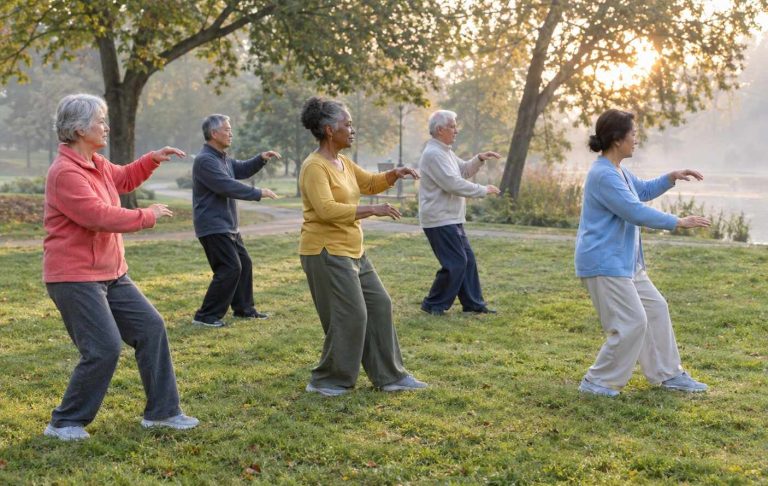 A small group of older adults practicing slow tai chi movements together on a park lawn in early morning light